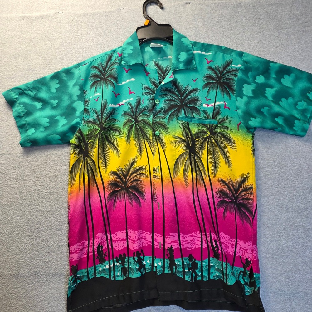 S Lichten Hawaiian Shirt Mens XS Tropical Palm Tree Sunset Aloha Beach Button Up